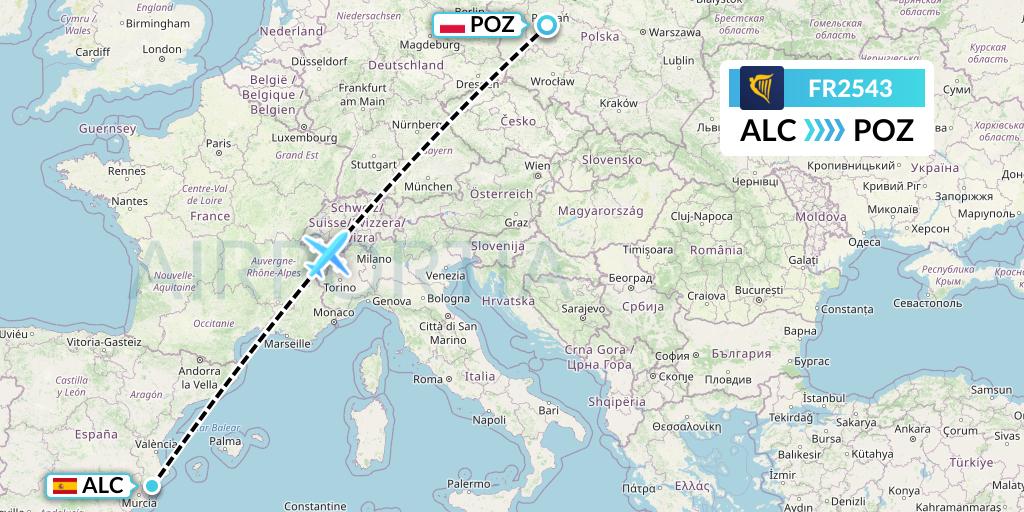 FR2543 Ryanair Flight Map: Alicante to Poznan