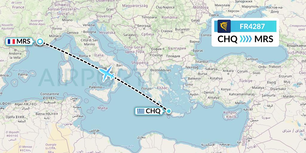 FR4287 Ryanair Flight Map: Chania to Marseille