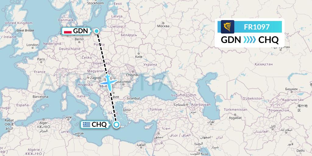 FR1097 Ryanair Flight Map: Gdansk to Chania