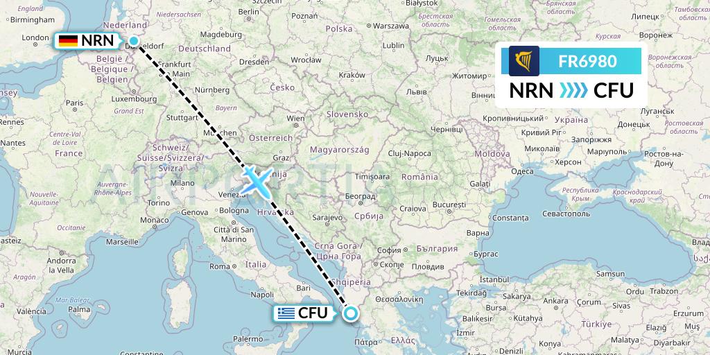 FR6980 Ryanair Flight Map: Weeze to Corfu
