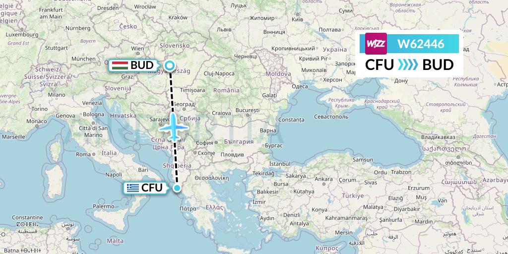 W62446 Wizz Air Flight Map: Corfu to Budapest