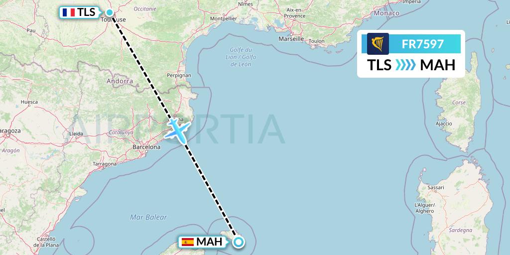 FR7597 Ryanair Flight Map: Toulouse to Mahon