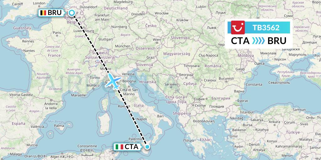 TB3562 TUI fly Belgium Flight Map: Catania to Brussels