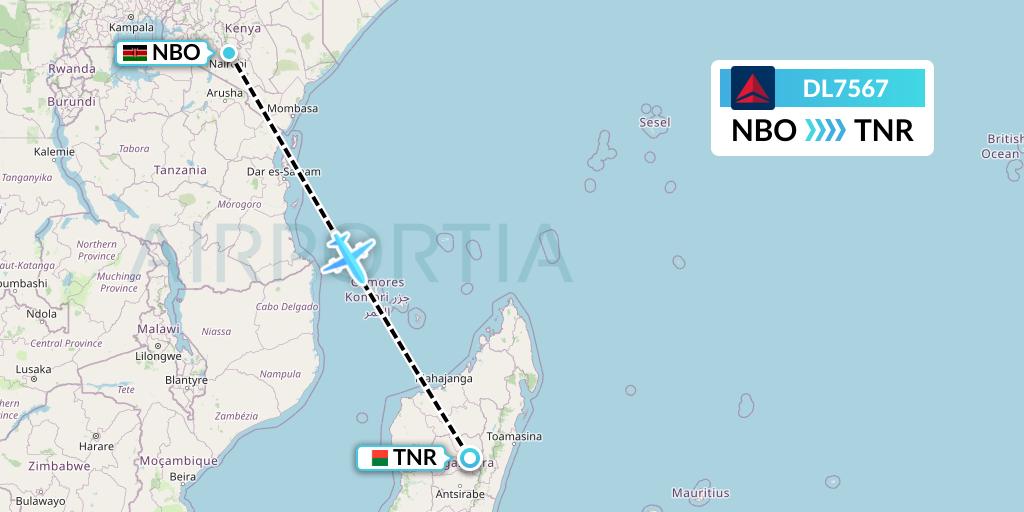 DL7567 Delta Air Lines Flight Map: Nairobi to Antananarivo