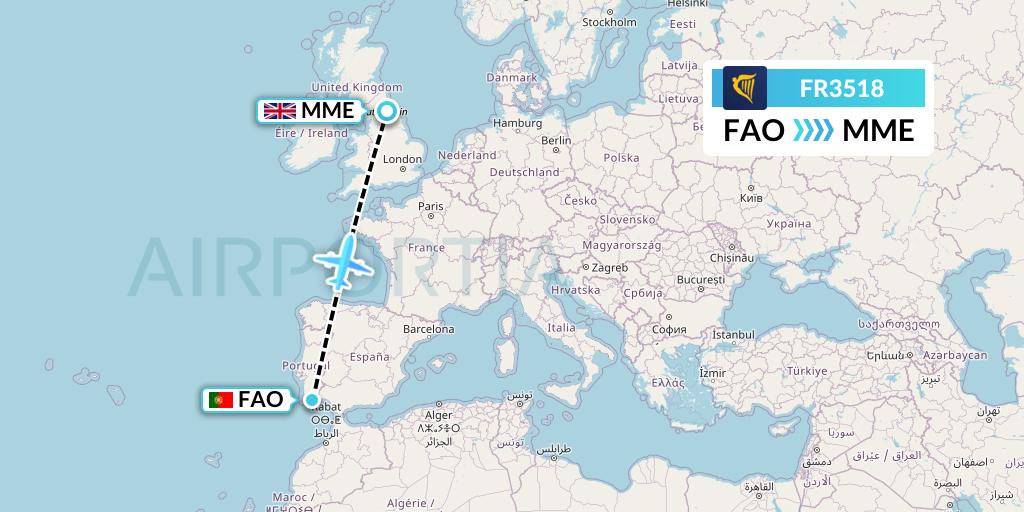 FR3518 Ryanair Flight Map: Faro to Darlington