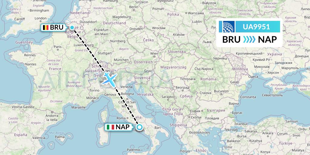 UA9951 United Airlines Flight Map: Brussels to Naples