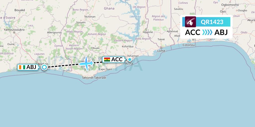 QR1423 Qatar Airways Flight Map: Accra to Abidjan