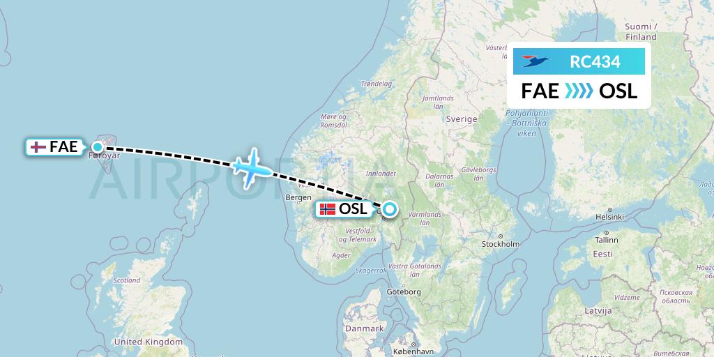 RC434 Atlantic Airways Flight Map: Vagar to Oslo