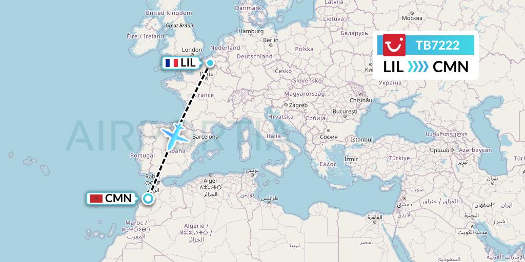 TB7222 TUI fly Belgium Flight Map: Lille to Casablanca