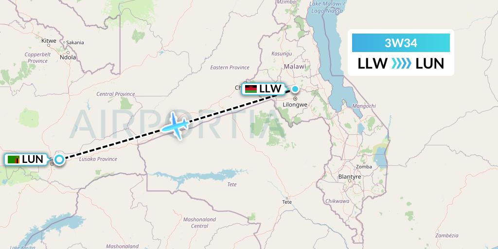 3W34 Malawian Airlines Flight Map: Lilongwe to Lusaka
