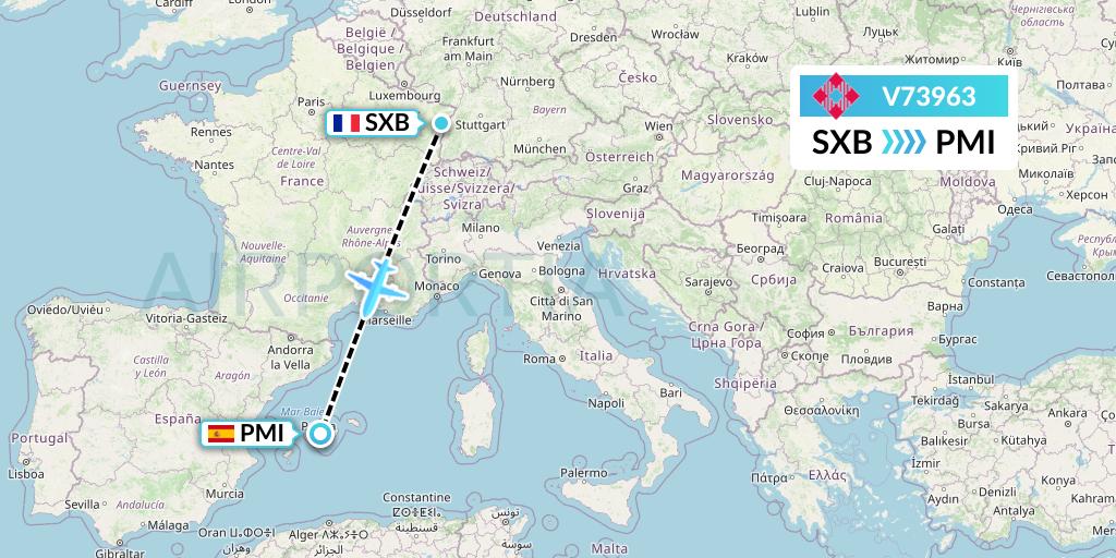 V73963 Volotea Flight Map: Strasbourg to Palma de Mallorca