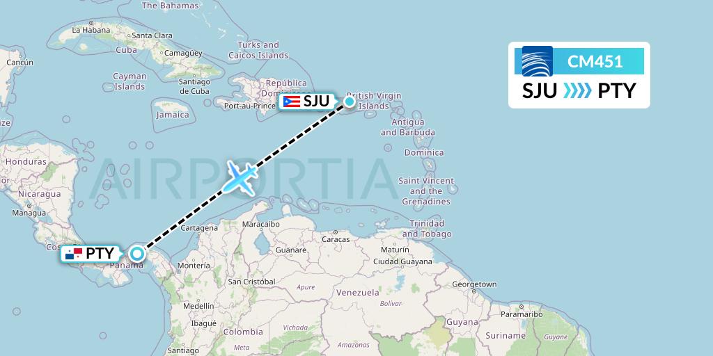 CM451 Copa Airlines Flight Map: San Juan to Panama City