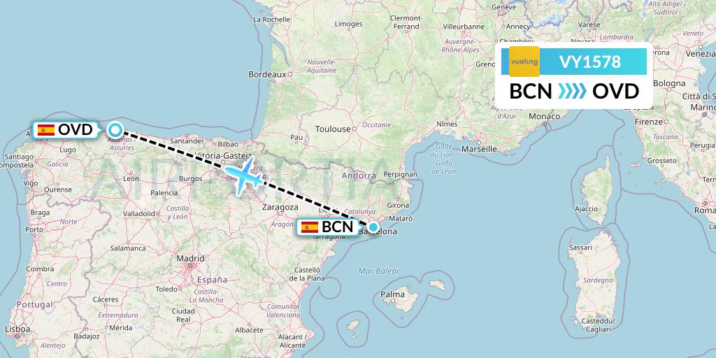 VY1578 Vueling Flight Map: Barcelona to Asturias