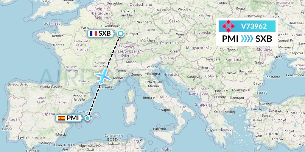 V73962 Volotea Flight Map: Palma de Mallorca to Strasbourg