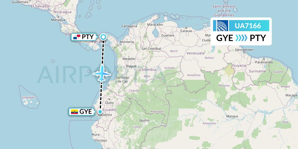 UA7166 United Airlines Flight Map: Guayaquil to Panama City
