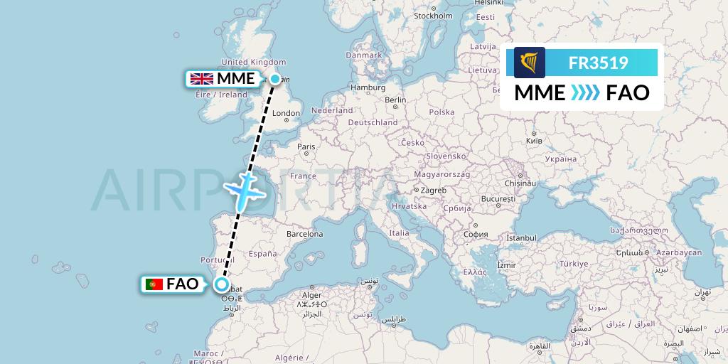 FR3519 Ryanair Flight Map: Darlington to Faro