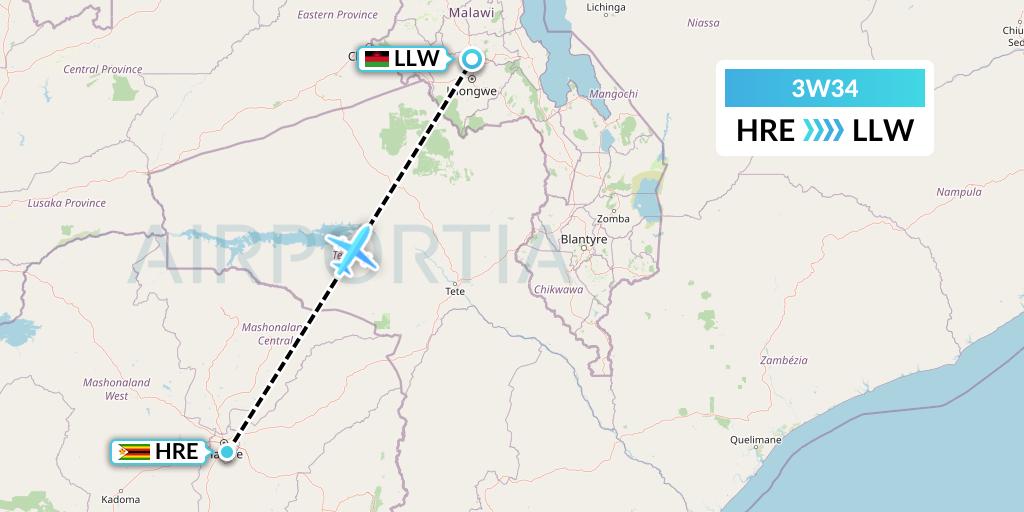 3W34 Malawian Airlines Flight Map: Harare to Lilongwe