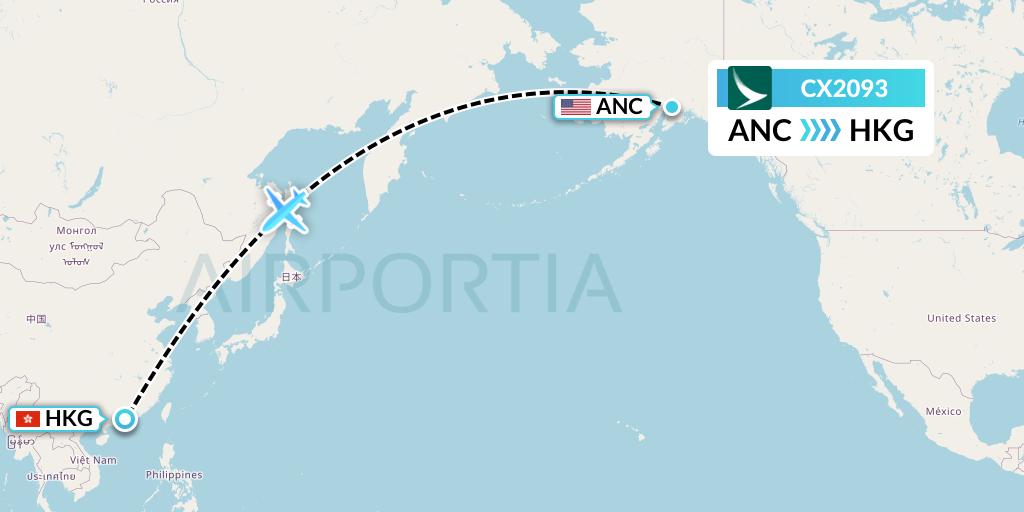 CX2093 Cathay Pacific Flight Map: Anchorage to Hong Kong