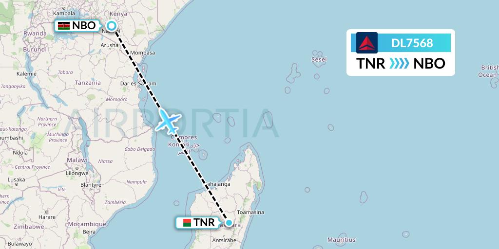 DL7568 Delta Air Lines Flight Map: Antananarivo to Nairobi
