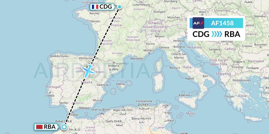 AF1458 Air France Flight Map: Paris to Rabat