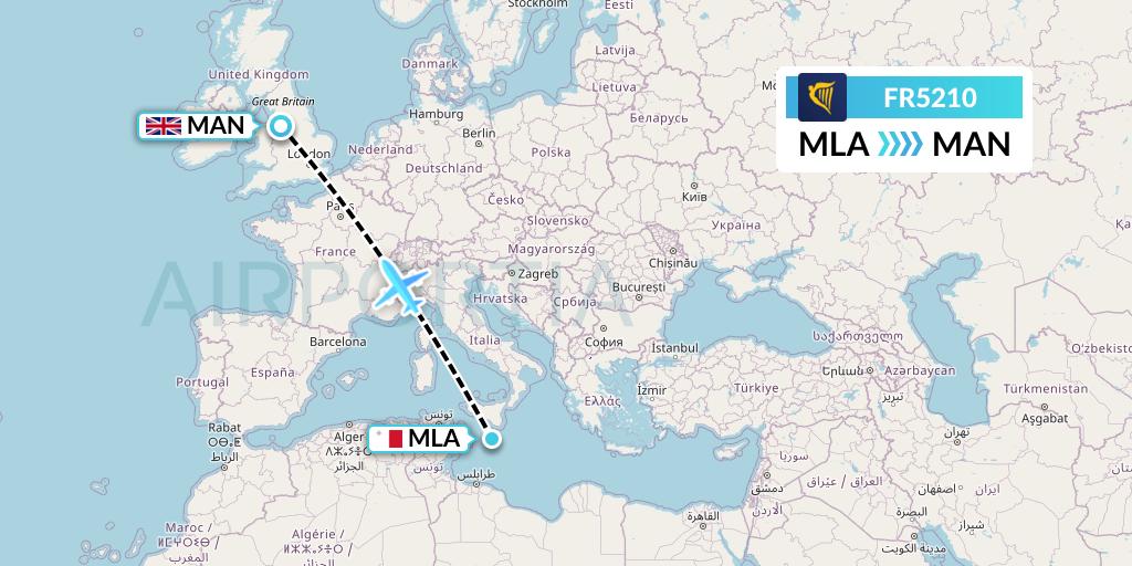 FR5210 Ryanair Flight Map: Malta to Manchester