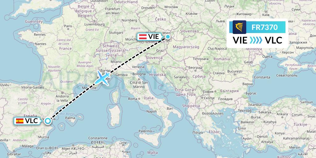 FR7370 Ryanair Flight Map: Vienna to Valencia