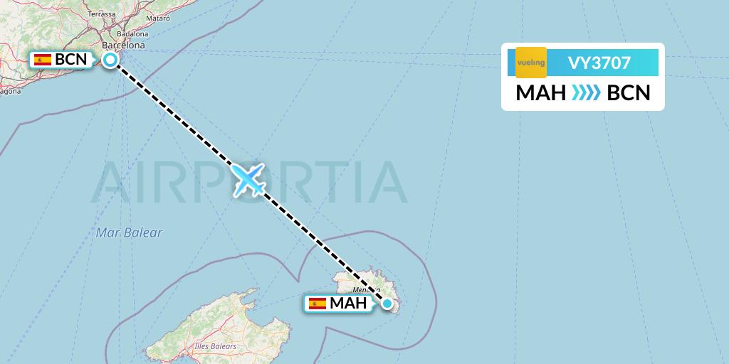 VY3707 Vueling Flight Map: Mahon to Barcelona