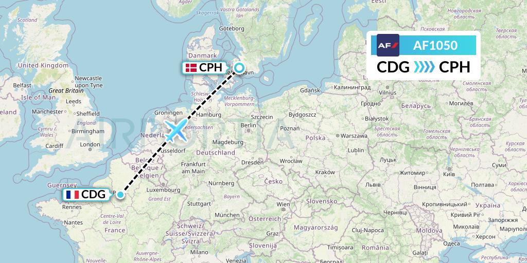 AF1050 Air France Flight Map: Paris to Copenhagen