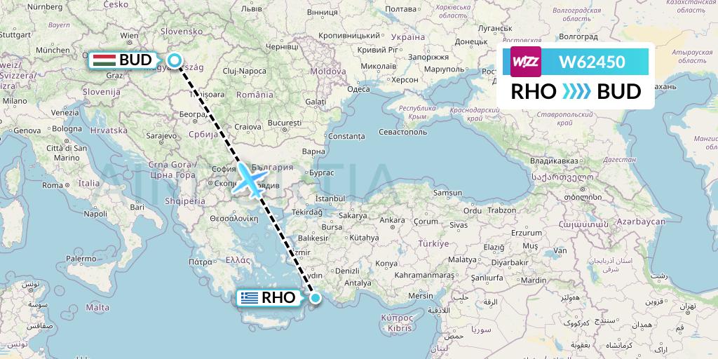W62450 Wizz Air Flight Map: Rhodes to Budapest