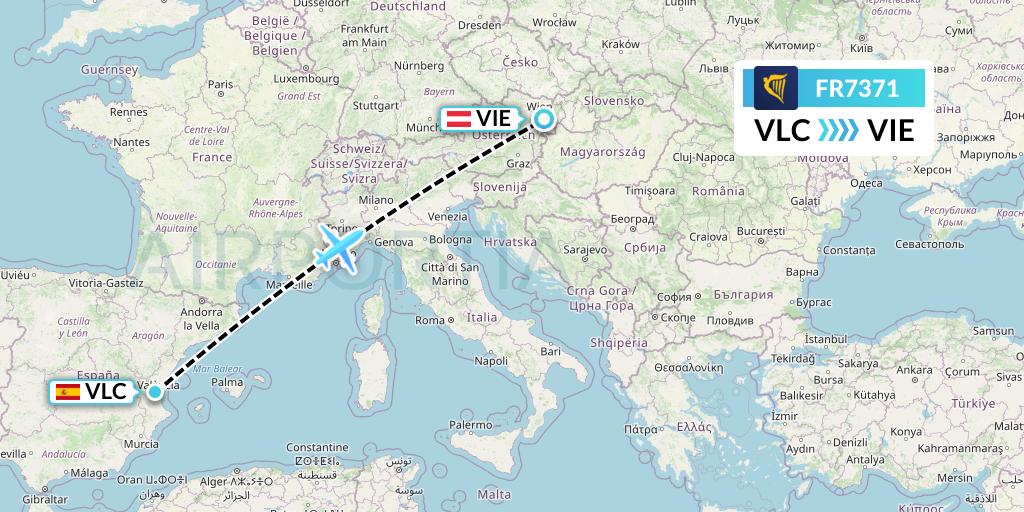 FR7371 Ryanair Flight Map: Valencia to Vienna