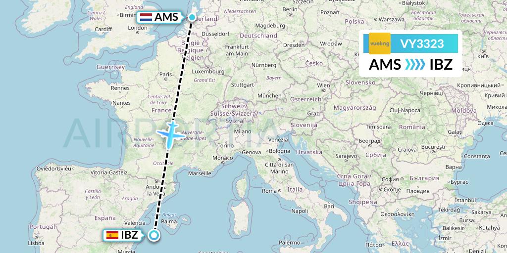 VY3323 Vueling Flight Map: Amsterdam to Ibiza