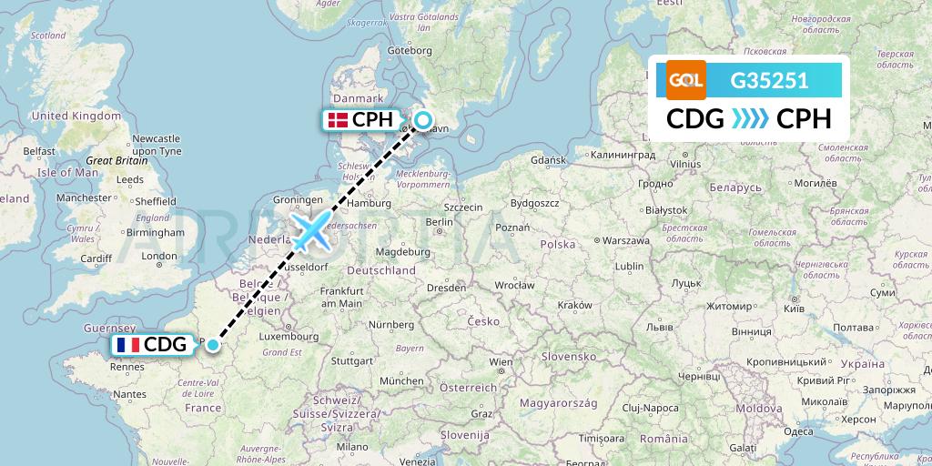G35251 GOL Transportes Aeros Flight Map: Paris to Copenhagen