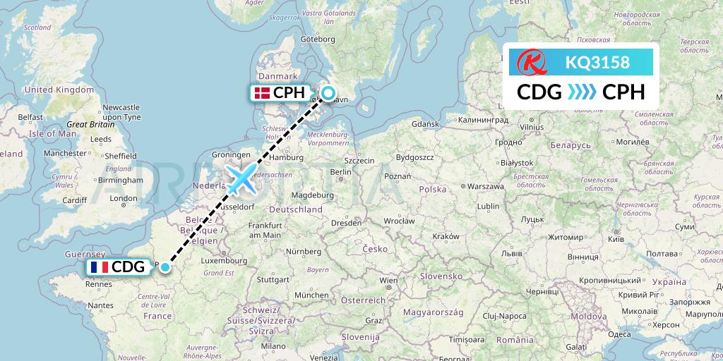 KQ3158 Kenya Airways Flight Map: Paris to Copenhagen
