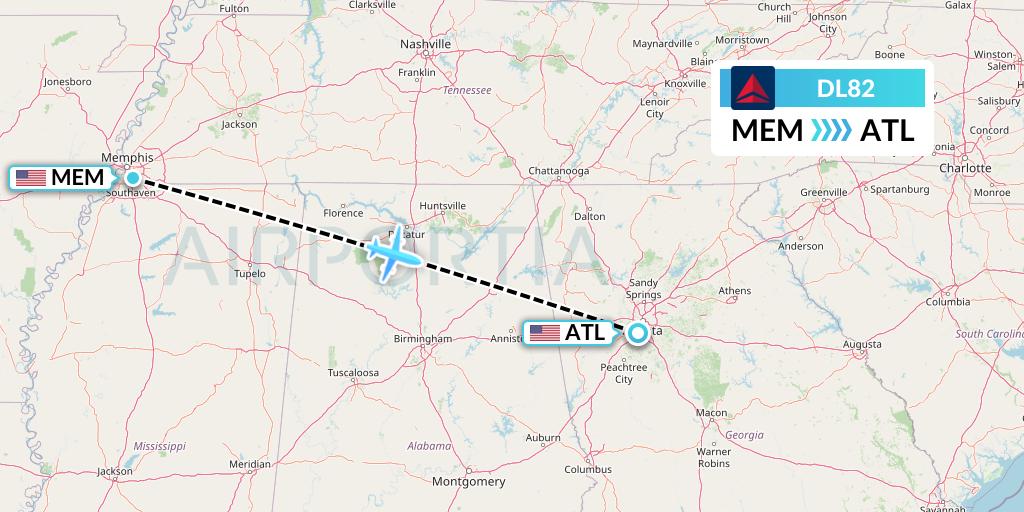DL82 Delta Air Lines Flight Map: Memphis to Atlanta