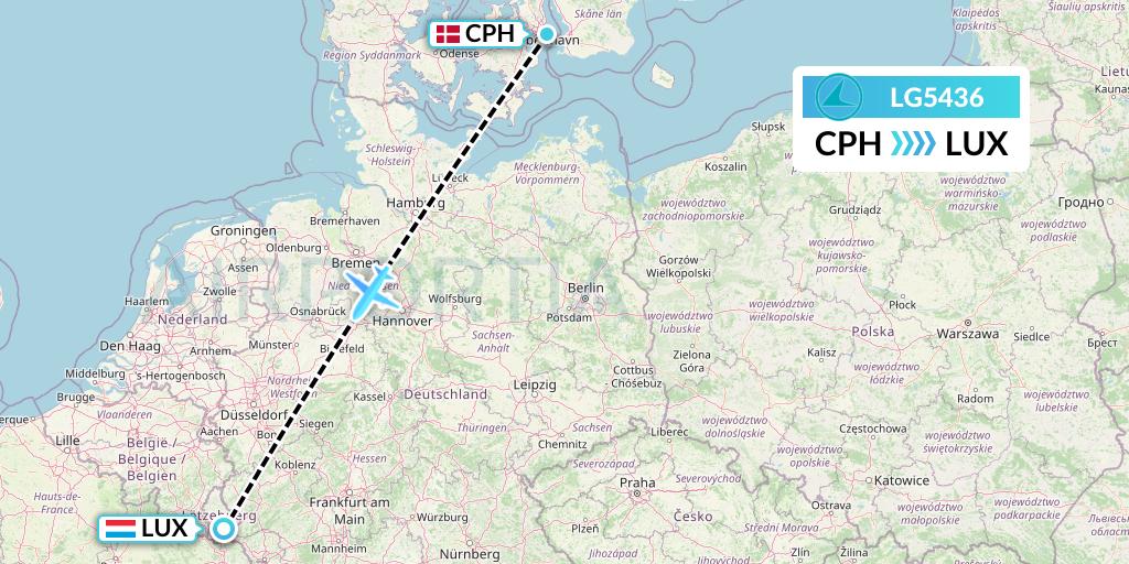 LG5436 Luxair Flight Map: Copenhagen to Luxembourg