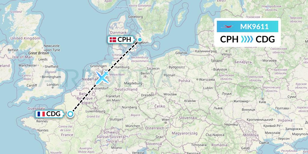 MK9611 Air Mauritius Flight Map: Copenhagen to Paris