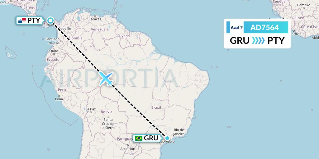 AD7564 Azul Brazilian Airlines Flight Map: Sao Paulo to Panama City