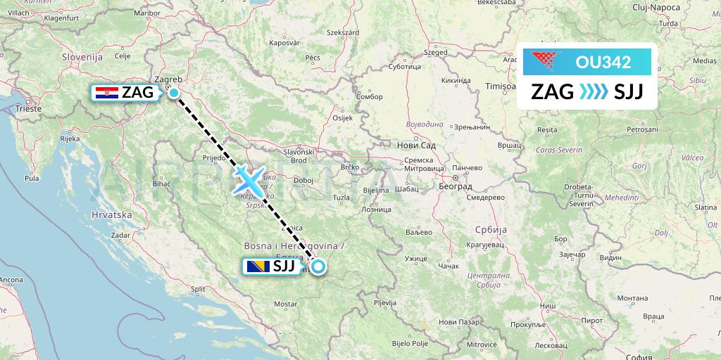 OU342 Croatia Airlines Flight Map: Zagreb to Sarajevo