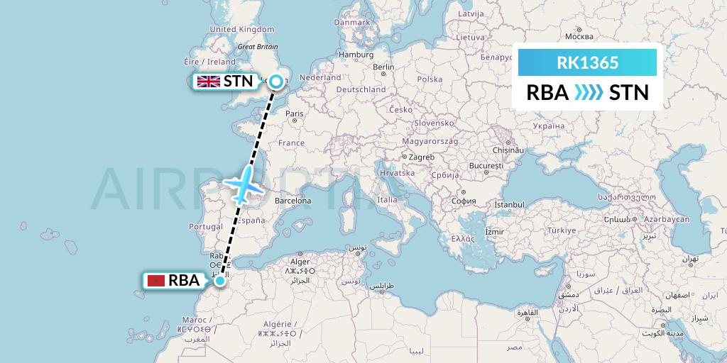 RK1365 Ryanair UK Flight Map: Rabat to London