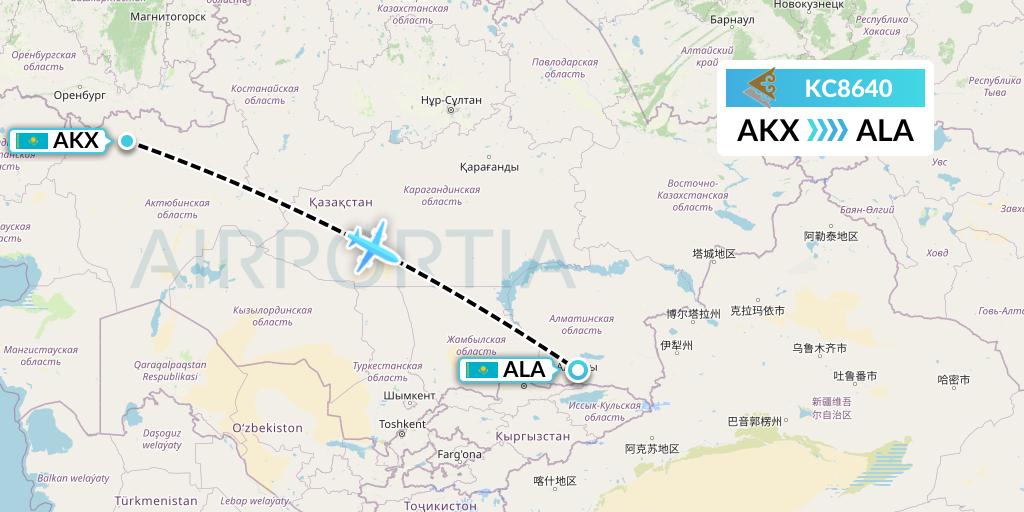 KC8640 Air Astana Flight Map: Aktobe to Almaty