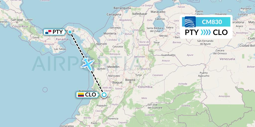 CM830 Copa Airlines Flight Map: Panama City to Cali