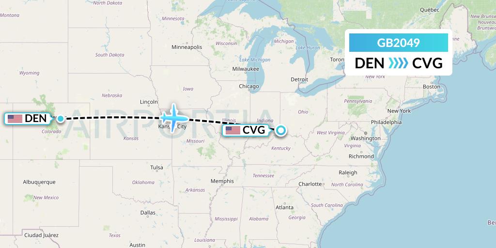 GB2049 ABX Air Flight Map: Denver to Cincinnati