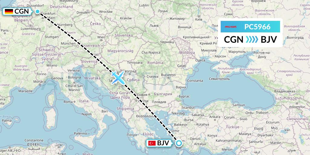 PC5966 Pegasus Airlines Flight Map: Cologne to Bodrum