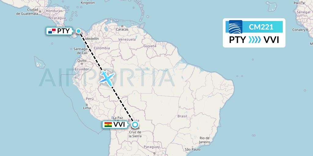 CM221 Copa Airlines Flight Map: Panama City to Santa Cruz