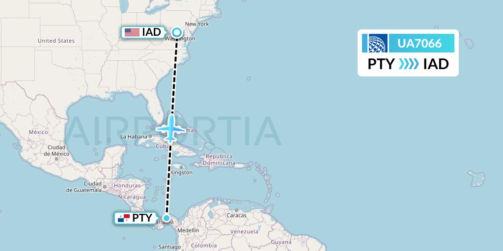 UA7066 United Airlines Flight Map: Panama City to Washington