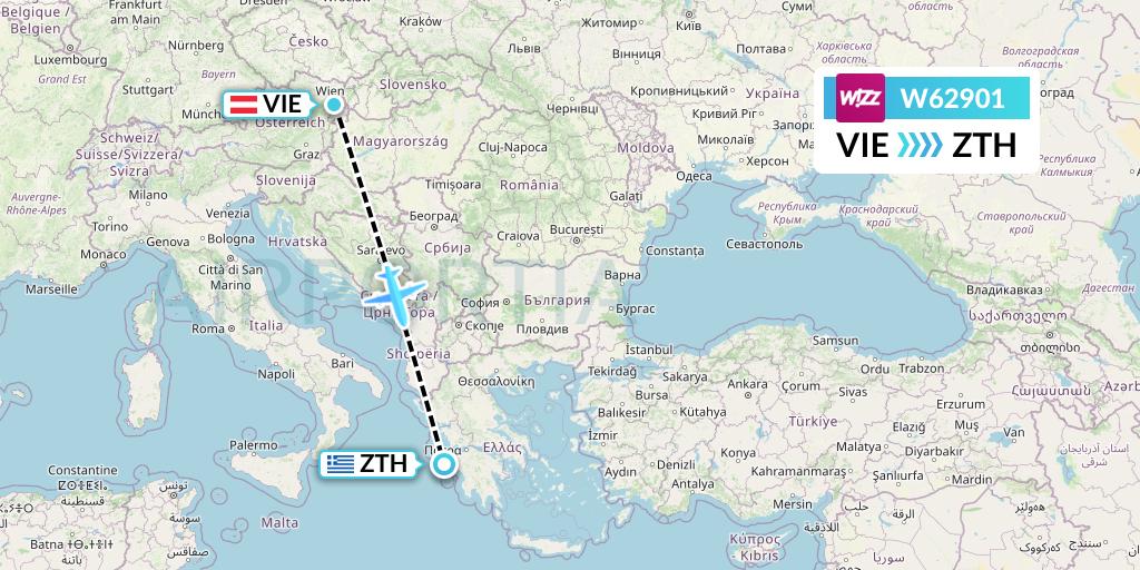 W62901 Wizz Air Flight Map: Vienna to Zakynthos
