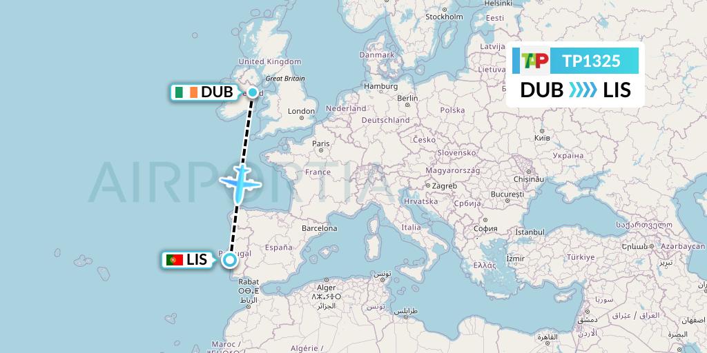 TP1325 TAP Portugal Flight Map: Dublin to Lisbon