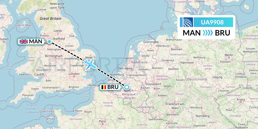 UA9908 United Airlines Flight Map: Manchester to Brussels