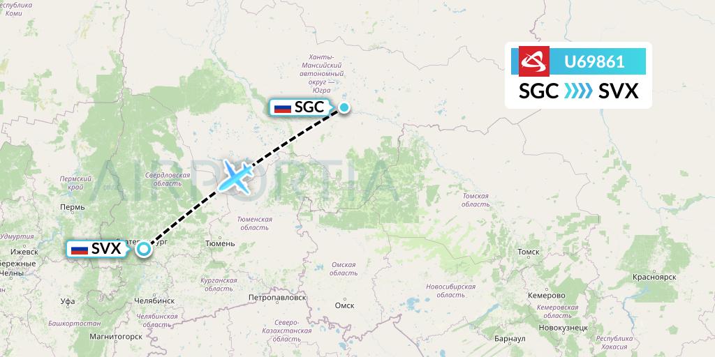 U69861 Ural Airlines Flight Map: Surgut to Yekaterinburg