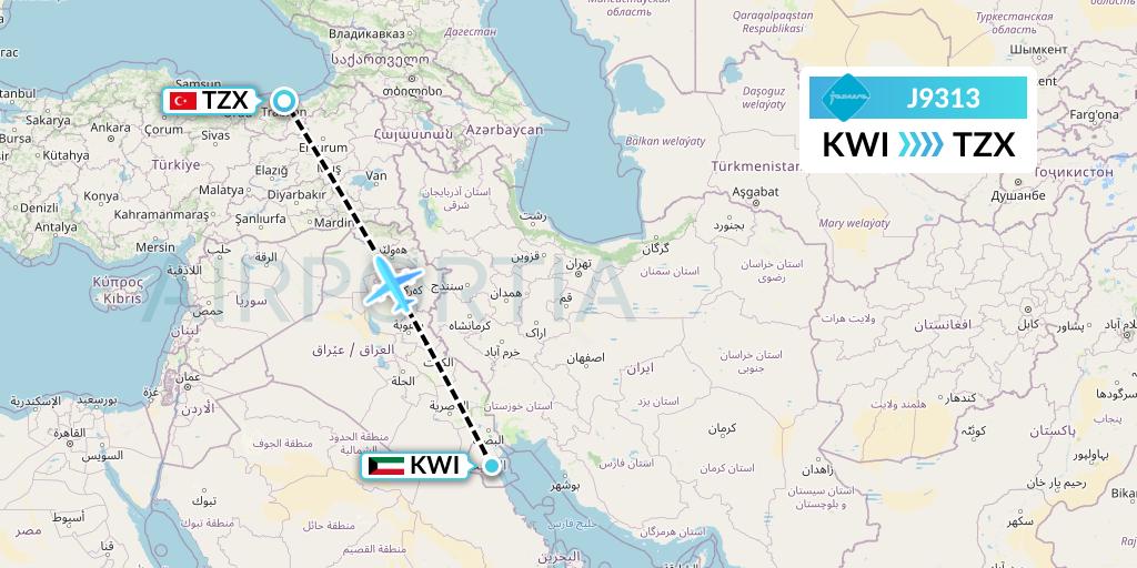 J9313 Jazeera Airways Flight Map: Kuwait City to Trabzon